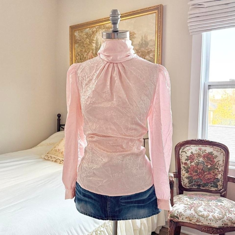 80s hot stuff pink jacquard long sleeve mock‎ neck blouse size medium